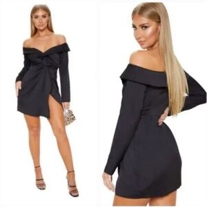 PrettyLittleThing Black Bardot Knot Detail‎ Blazer Dress